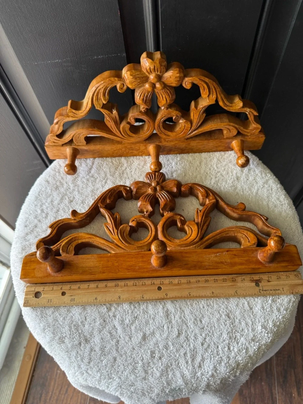 Vintage Pair Ornate Carved Wood Wall Hook - Honey Brown